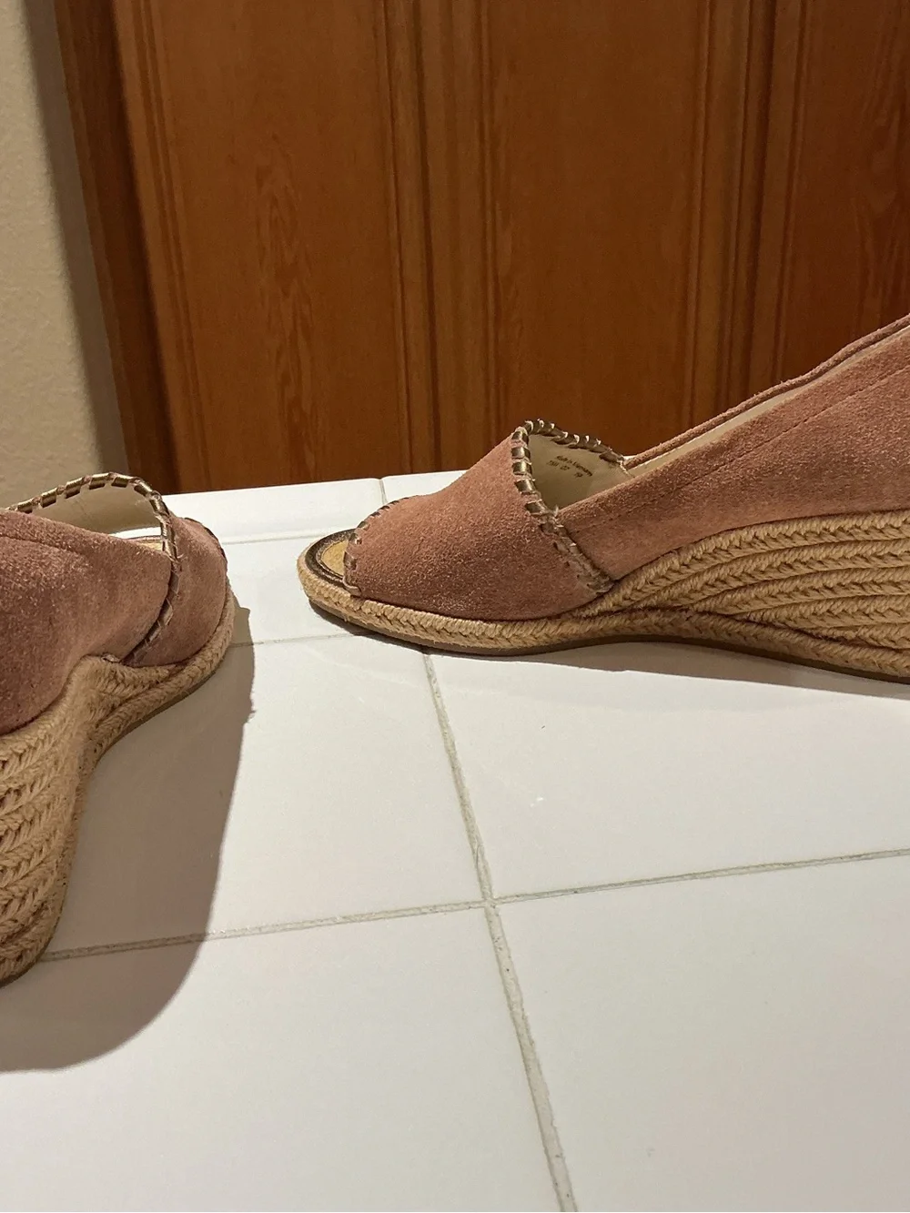 Jack Rogers Palmer Espadrille Wedge Sandals Rose Gold Suede Whipstitch Peep Toe